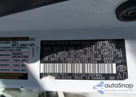 2007 Toyota Corolla Le из США, поврежденный, VIN 2T1BR30E87C842564